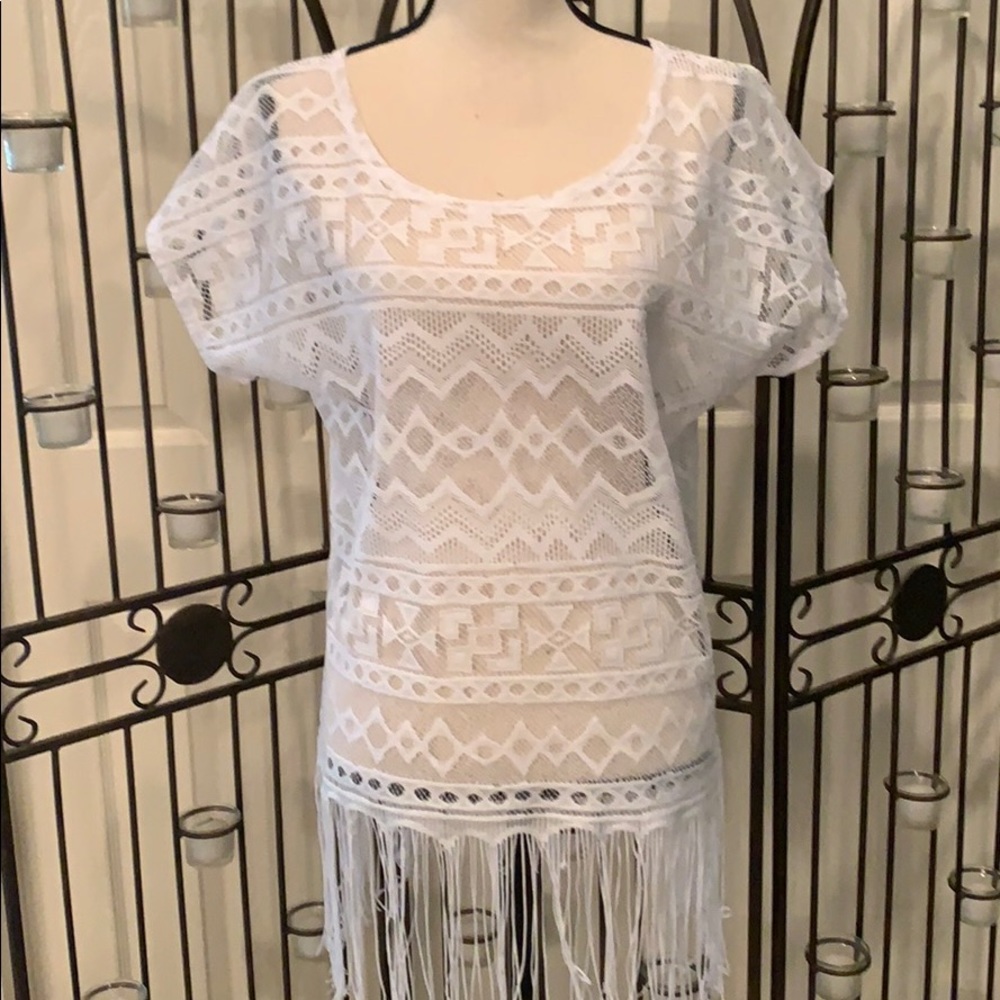 Shear white lace top with long fringe